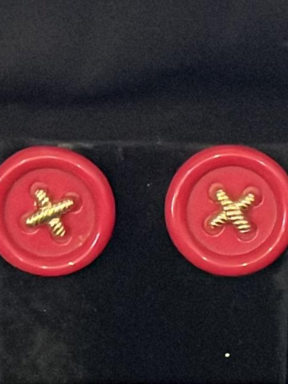1" Red Button with Gold Tone Thread Earrings
